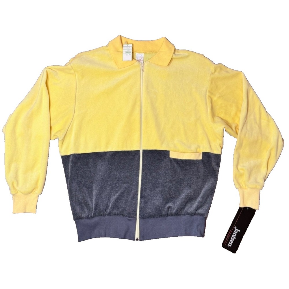 Jantzen Velour Zip NWT Jacket Butter Yellow Gray Colorblock Made in USA M 80s